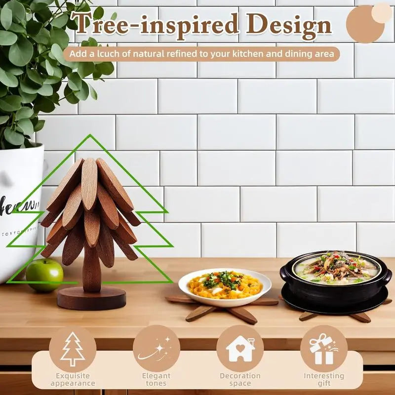 Walnut Tree Trivet Set 4 Wooden Trivets & 1 Stand Heat Resistant Foldable Design Durable & High Quality Solid Wood Ideal for Hot Dishes, Pots, Bowls, Teapots Kitchenware & Tableware Coasters