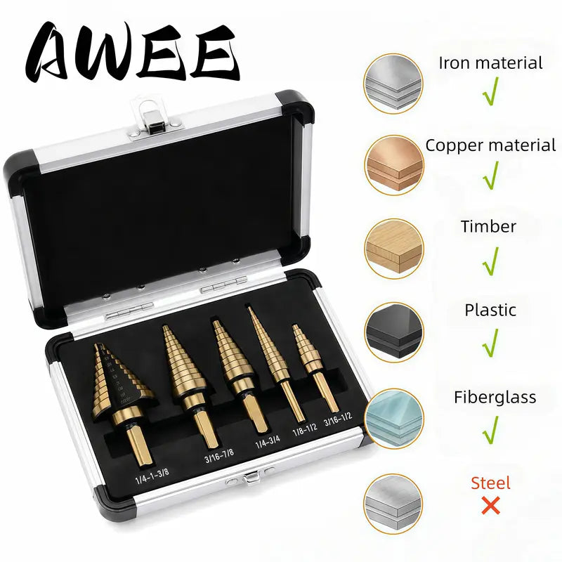 5PCS Titanium Step Drill Bit Set, High Speed Steel Cone Drill Bits 50 Sizes Multi-Hole Cutting Tool, Metal Hole Cutter for Iron Copper Wood Plastic Fiberglass, DIY Industrial Hand Tools, Perfect Father's Day Gift for Dad  [Sold 1000+ units]