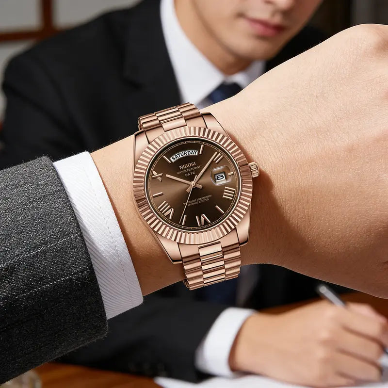 Men's Business Fashion Analog Quartz Watch - Rose Gold Stainless Steel, Round Face, Day-Date, Luxury Brown Dial, Durable Watch, Dress Wristwatch, Versatile Gift for Him (Anniversary, Birthday, Unique), Business Fashion Watch  [Sold 1000+ units]