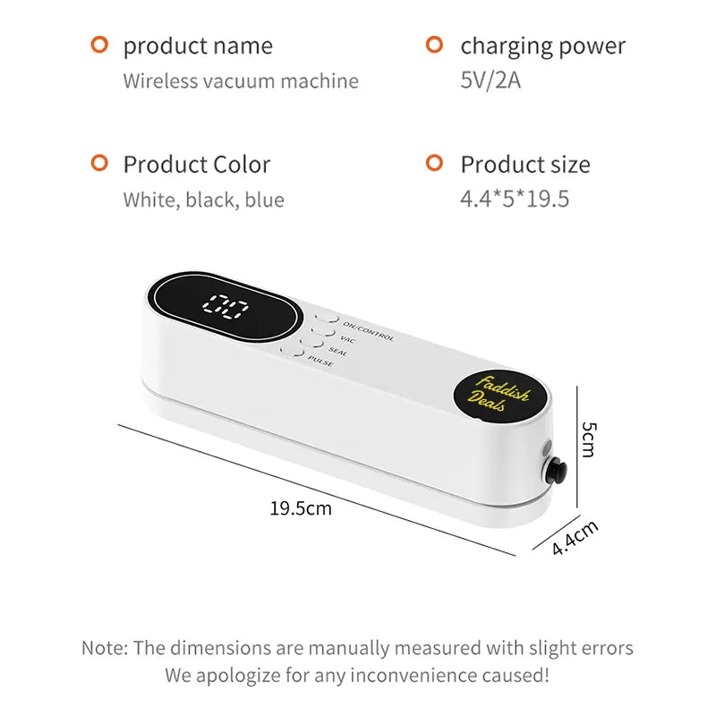 Wireless Vacuum Sealer 5v 3-speed Durable Smart Multi-Function Food Sealing Storage Device，Air inflation Air Pump Mini Portable Handheld Plastic Sealer for Food Preservation and Storage