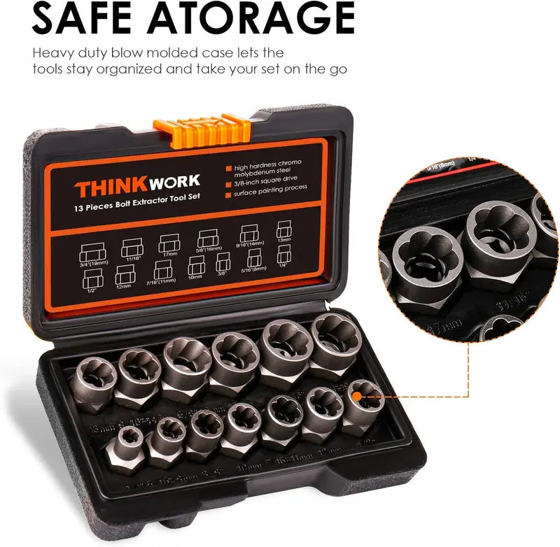 THINKWORK Bolt Extractor Tool Set, 13+1 Counts Impact & Nut Remover Stripped Lug Remover, Drive Rounded Bolt Remover for Removing Damaged, Frozen Universal Impact impact bolt Socket Wrench Set