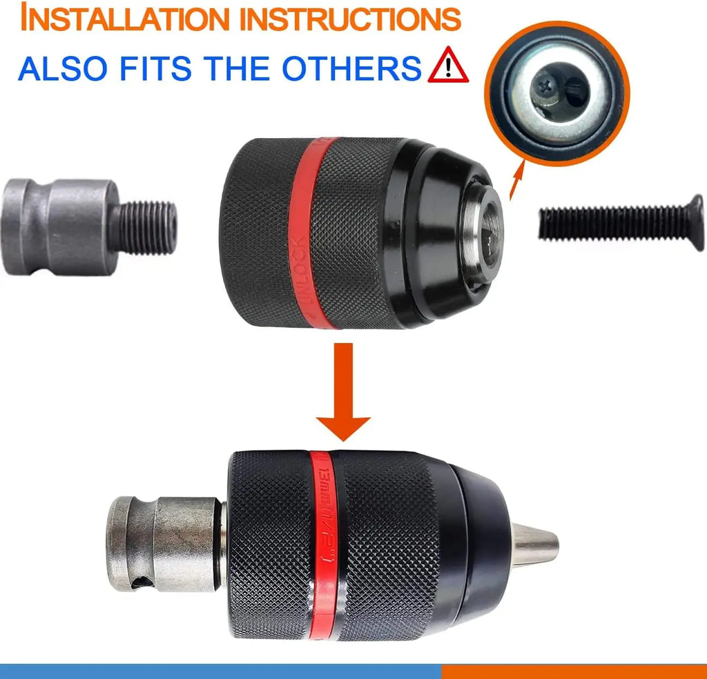 4Pcs Heavy-Duty Metal Keyless Drill Chucks (1.5-13mm, 1/2"-20UNF) with SDS-Plus Shank, 1/4" Hex Shank, 1/2" Socket Square Wrench Adapter for Power Tools, Impact Driver (Self-Tighten Clamp, Tool-Free Bit Swaps) [Sold 389 units]