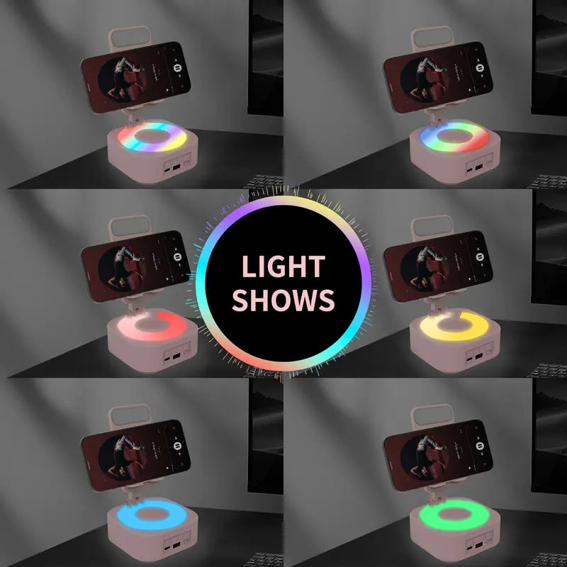 Portable Bluetooth Speaker - 4-in-1 Sound Box with Phone Stand, 300° Foldable Silicone Base, LED Light, Rechargeable Emergency Function, USB Music Playback, Father’s Day Pink Gift for Tablet iPhone Android Users  [Sold 1000+ units]