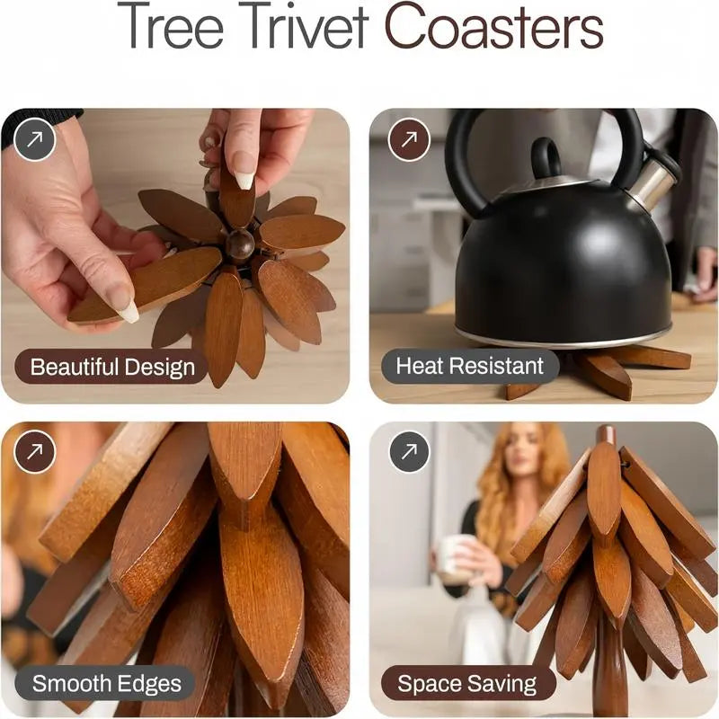 Walnut Tree Trivet Set 4 Wooden Trivets & 1 Stand Heat Resistant Foldable Design Durable & High Quality Solid Wood Ideal for Hot Dishes, Pots, Bowls, Teapots Kitchenware & Tableware Coasters