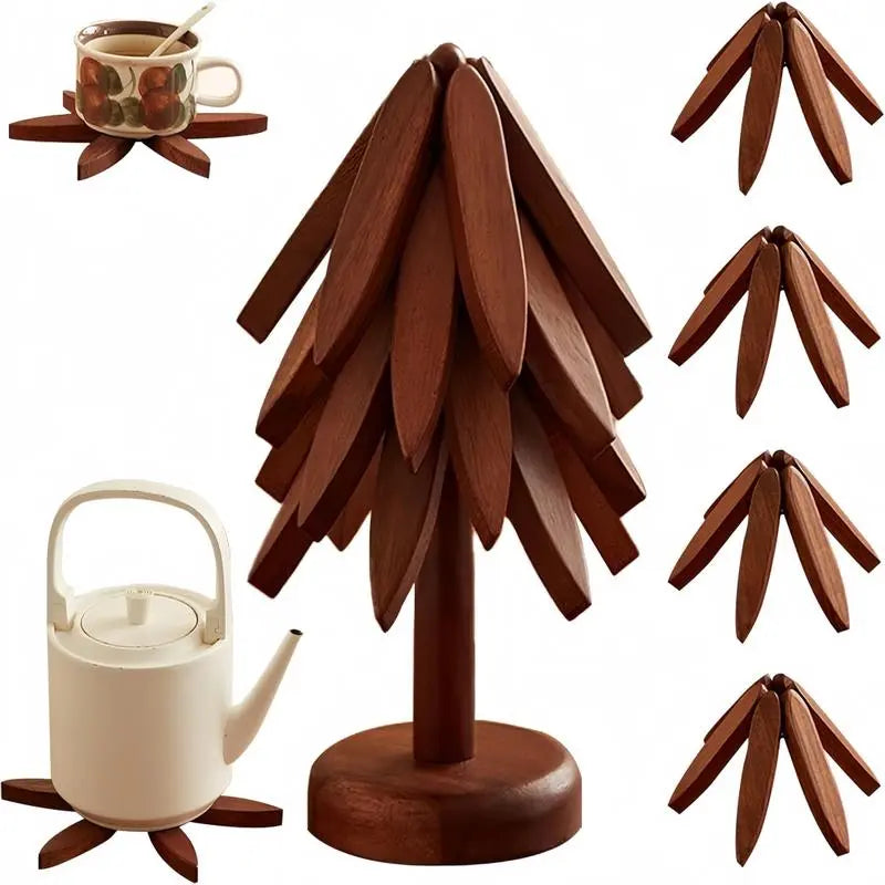 Walnut Tree Trivet Set 4 Wooden Trivets & 1 Stand Heat Resistant Foldable Design Durable & High Quality Solid Wood Ideal for Hot Dishes, Pots, Bowls, Teapots Kitchenware & Tableware Coasters