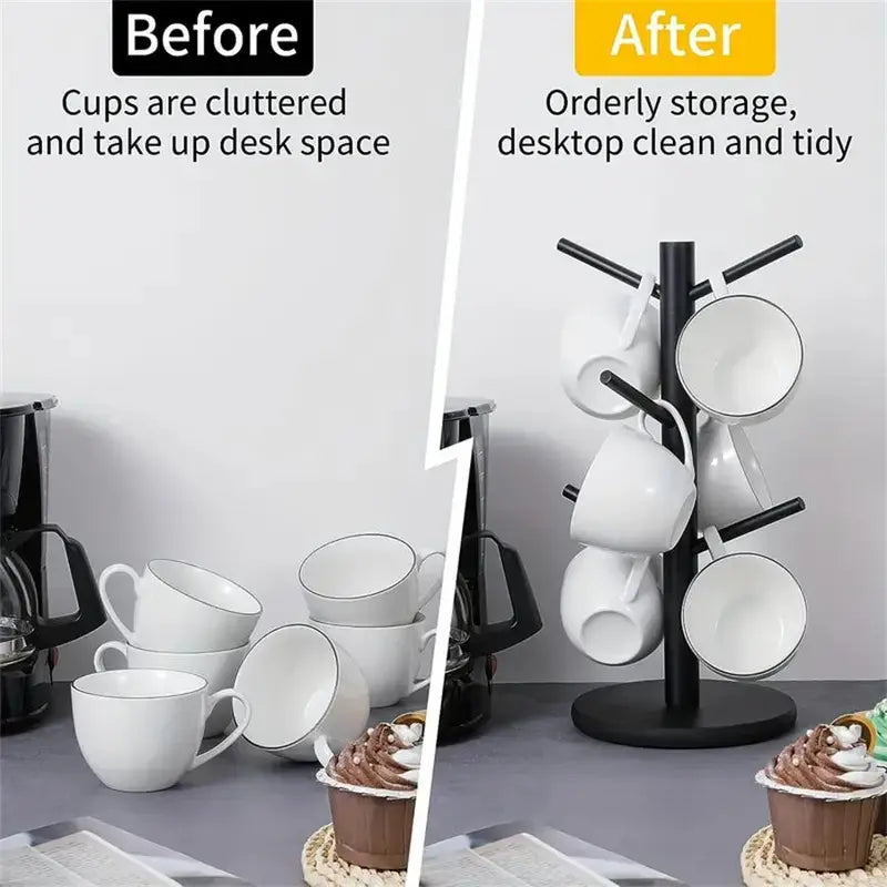 Mug Tree, 1 Pc Coffee Cup Holder with 6 Hooks, Bamboo Wood Stand for Counter, Coffee Station Organizer and Bar Storage, Kitchen Organization Rack  [Sold 1000+ units]