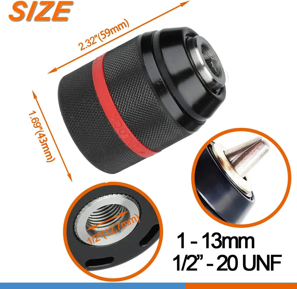 4Pcs Heavy-Duty Metal Keyless Drill Chucks (1.5-13mm, 1/2"-20UNF) with SDS-Plus Shank, 1/4" Hex Shank, 1/2" Socket Square Wrench Adapter for Power Tools, Impact Driver (Self-Tighten Clamp, Tool-Free Bit Swaps) [Sold 389 units]