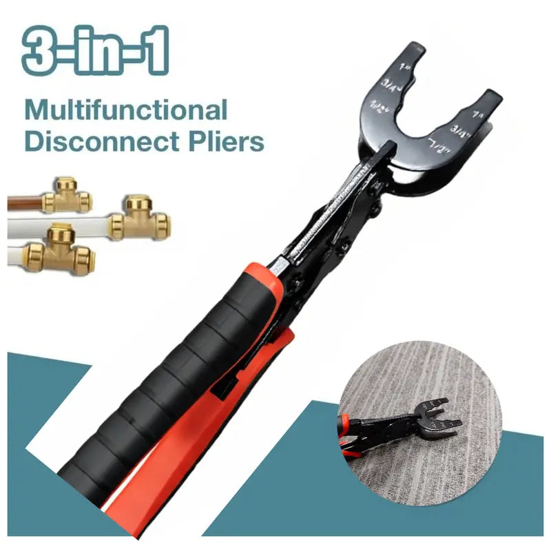 Hardware Disconnect Tong - 3-Size Teeth Fit for 1/2in, 3/4in, 1in Brass Push Fit-Push-to-Connect Fittings, Grip Removal Tool for Easier Error-Free Demounting