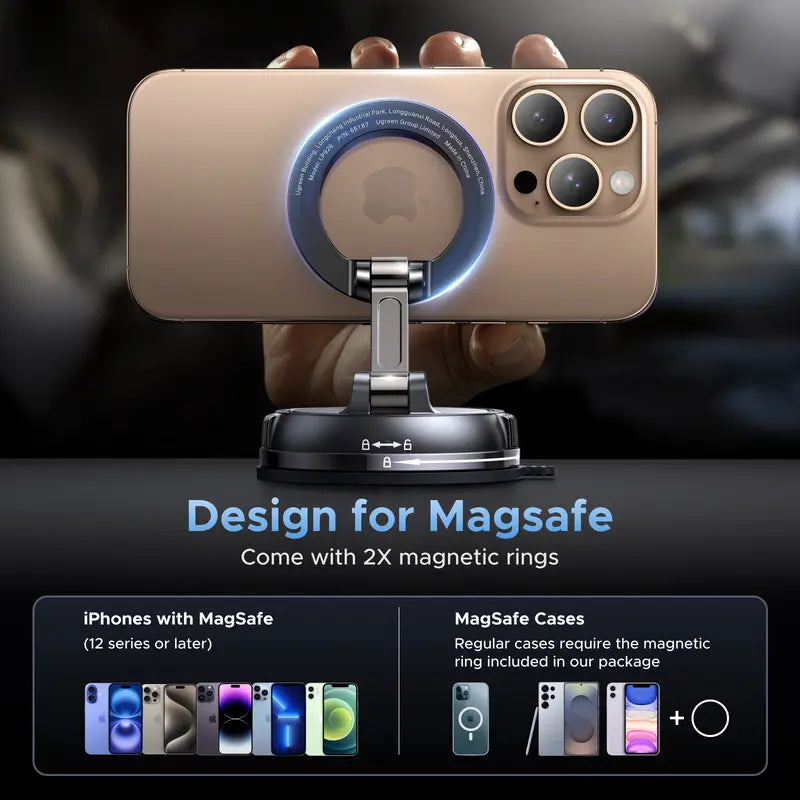 Vacuum Suction Magnetic Car Phone Mount, Unpowered 360° Rotatable Foldable Adjustable Smartphone Holder, Noiseless Car Phone Stand for for iPhone & Android Devices