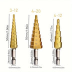 3-Count Titanium Coated High Speed Steel Step Drill Bit Set, Multi-Size Unibit Tool for Drilling Cutting Holes in Aluminum, Wood, Plastic, Ideal for DIY Lovers
