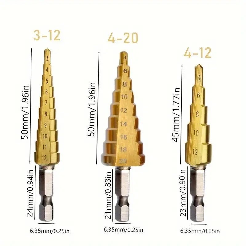 3-Count Titanium Coated High Speed Steel Step Drill Bit Set, Multi-Size Unibit Tool for Drilling Cutting Holes in Aluminum, Wood, Plastic, Ideal for DIY Lovers
