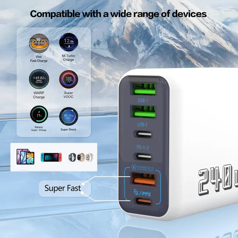 6-Port USB-C PD Charger 240W, Quick Charge 3.0, Type C USB Phone Charger, Super Fast Charging Adapter for iPhone, Samsung & Xiaomi