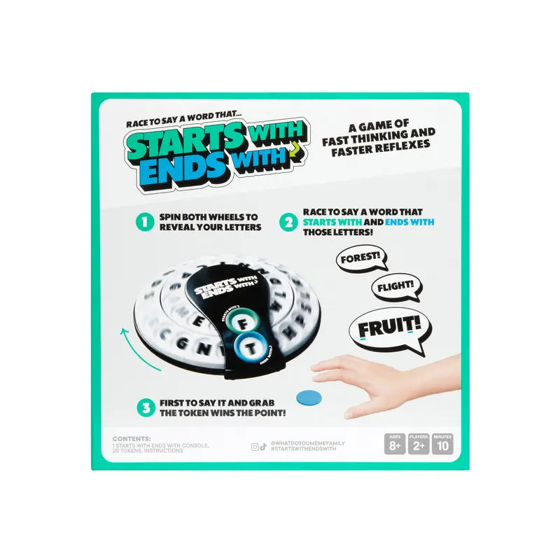 Starts With Ends With by Relatable - The Fast Paced Word Game Your Family Games Collection Has Been Missing. Spin The Letter Wheels and Race to Shout the Word – Includes 1 Spinner Device and 20 Tokens.