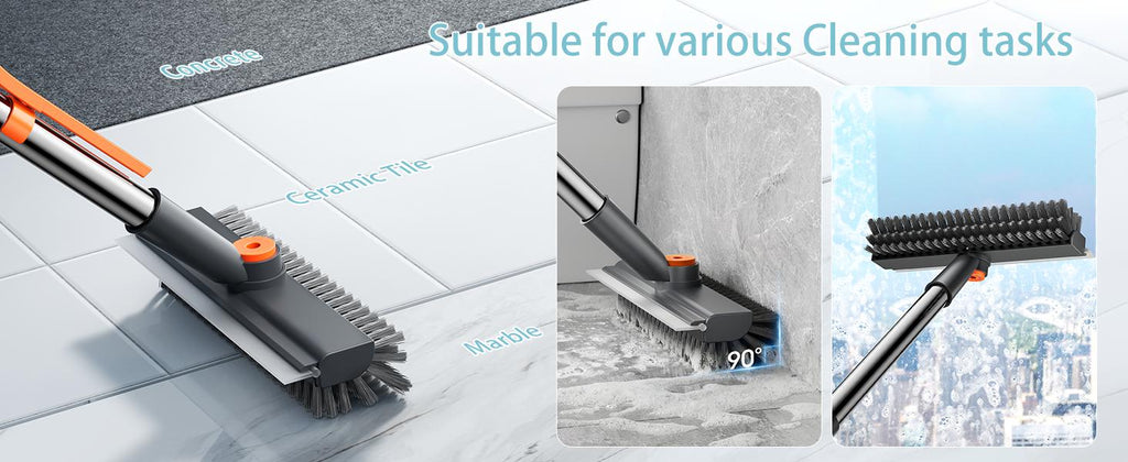 3-in-1 Floor Scrubber Squeegee Combo - Long Handles, 360° Rotatable, Heavy-Duty Stiff Bristle Scrubber, 3in1 Glass Wipe for Bathtub, Shower, Home Cleaning Supplies (Shower Broom Squeegee), Brush+Squeegee, Durable