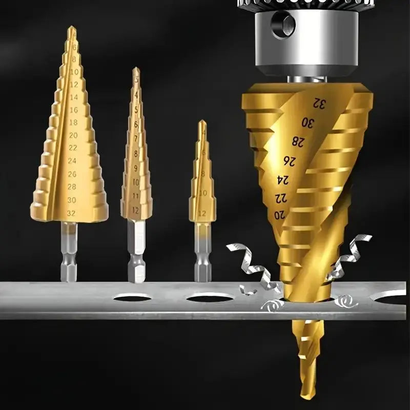 3-Count Titanium Coated High Speed Steel Step Drill Bit Set, Multi-Size Unibit Tool for Drilling Cutting Holes in Aluminum, Wood, Plastic, Ideal for DIY Lovers