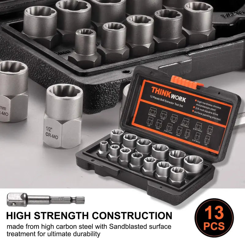 THINKWORK Bolt Extractor Tool Set, 13+1 Counts Impact & Nut Remover Stripped Lug Remover, Drive Rounded Bolt Remover for Removing Damaged, Frozen Universal Impact impact bolt Socket Wrench Set