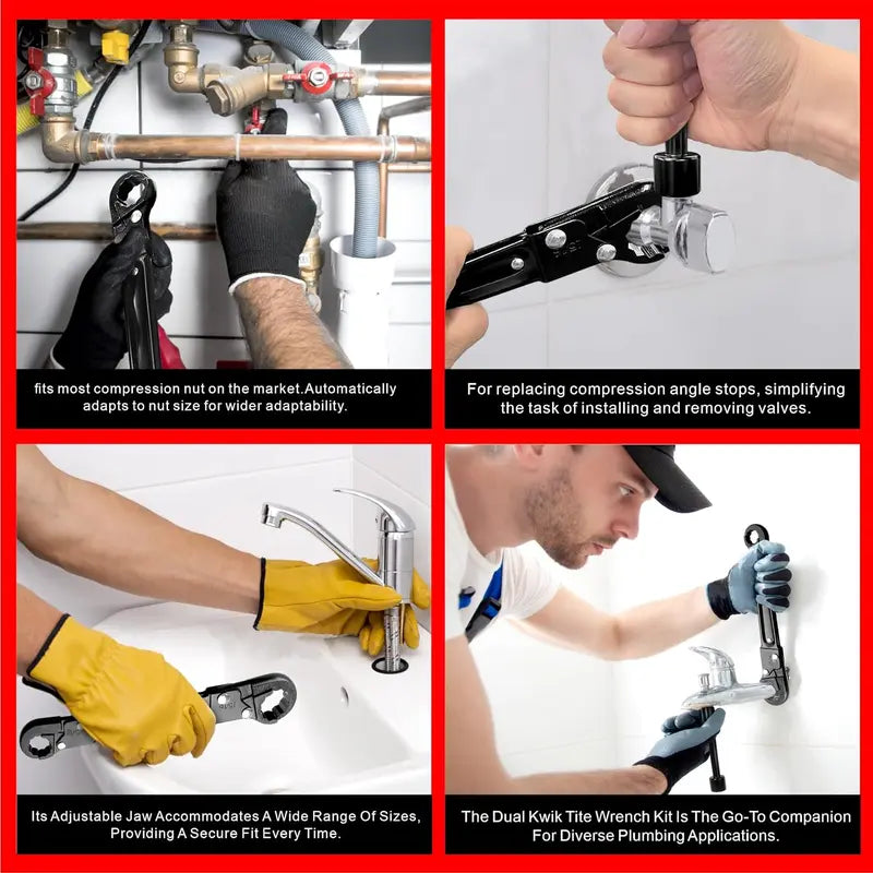 Professional Alloy Steel Plumbing Toolset - 1.2lb Dual Kwik Tite, Angle Stop, Adjustable Wrenches for Confined Spaces, Fits 1/2"-1" Angle Stops & Supply Nut Installation   [Sold 628 units]