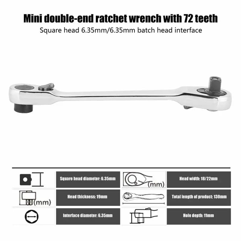 1-Piece 1/4-Inch Silver Mini Double-Headed 72-Tooth Ratchet Wrench, 5-Degree Quick Release Drive Socket (Bits Not Included), Textured Grip Rotator for Confined Space, DIY Maintenance Work Tool, Tools and Gadgets