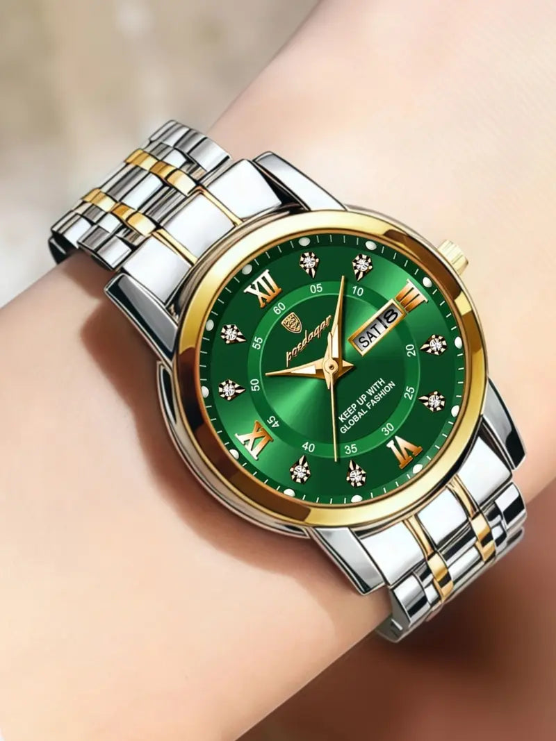 Women's Rhinestone Decor Round Dial Watch, Quartz Wristwatch, Fashionable Watches, 30M Waterproof Luminous Watch with Date Display Function, All-match Gift with Box, Analog Watch [Sold 638 units]